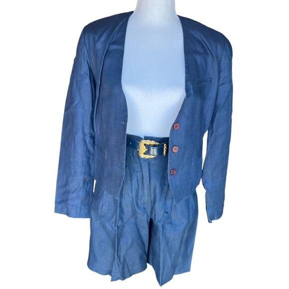 Nordstrom Point of View Women's Linen Blazer & Shorts Set Belted Navy Blue Sz 6 - Picture 2 of 12